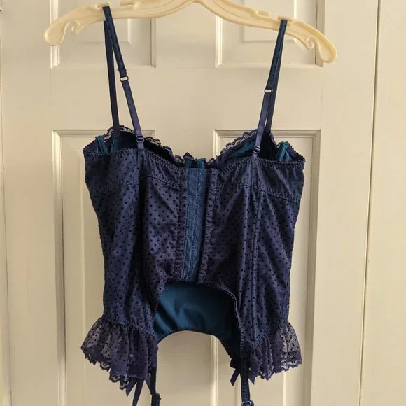 Victoria's Secret Navy Polkadot Laced Bustier / Corset 34B with Garter Straps - Picture 2 of 5